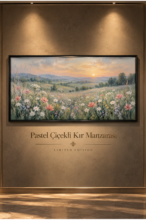 Pastel Çiçekli Kır Manzarası – Empresyonist Doğa Temalı Çerçeveli Tablo | Büyük Boy Kanvas (2:1)