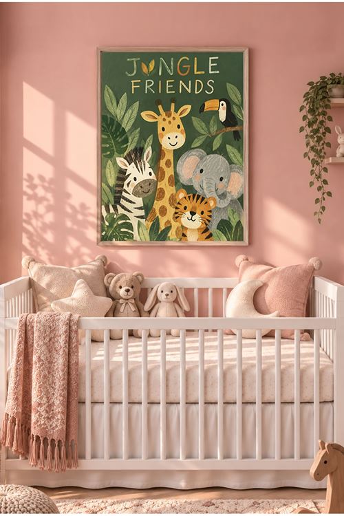 Jungle Friends Safari Hayvanları – Bebek Odası Temalı Çerçeveli Tablo | 3:4 Kanvas