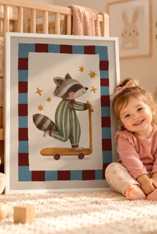 Minik Rakun’un Scooter Yolculuğu – Sevimli Hayvan Temalı Çerçeveli Tablo | 3:4 Kanvas
