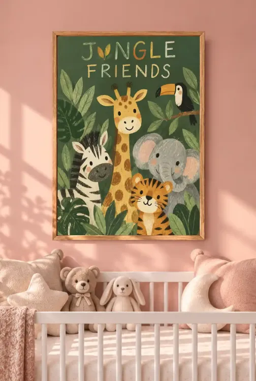 Jungle Friends Safari Hayvanları – Bebek Odası Temalı Çerçeveli Tablo | 3:4 Kanvas