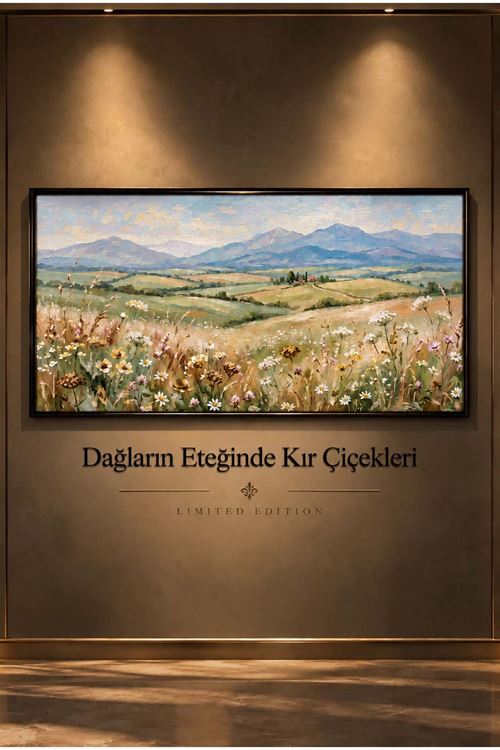 Pastel Çiçekli Dağ Manzarası – Empresyonist Doğa Temalı Çerçeveli Tablo | Büyük Boy Kanvas (2:1)