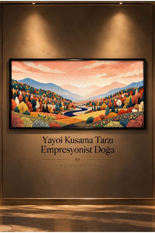 Yayoi Kusama Tarzı Pastel Orman ve Nehir Manzarası – Empresyonist Doğa Temalı Çerçeveli Tablo | Büyük Boy Kanvas (2:1)