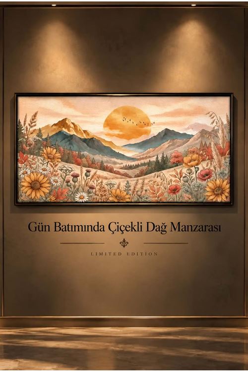 Gün Batımında Çiçekli Dağ Manzarası – Botanik Doğa Temalı Çerçeveli Tablo | Büyük Boy Kanvas (2:1)