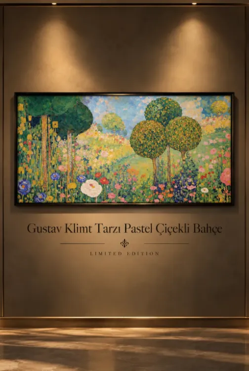 Gustav Klimt Tarzı Pastel Çiçekli Bahçe – Empresyonist Doğa Temalı Çerçeveli Tablo | Büyük Boy Kanvas (2:1)