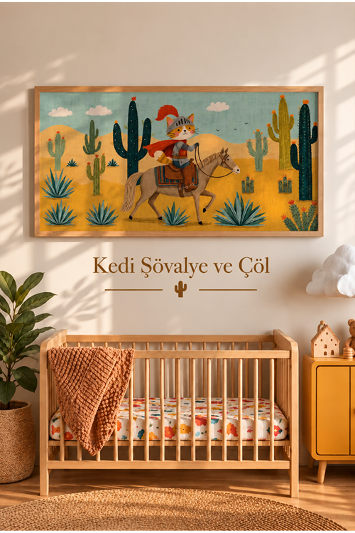 Kedi Şövalye ve Çöl – Eğlenceli Safari Temalı Çerçeveli Tablo | Büyük Boy Kanvas (2:1)