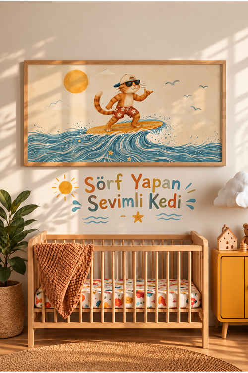 Sörf Yapan Sevimli Kedi – Eğlenceli Deniz Temalı Çerçeveli Tablo | Büyük Boy Kanvas (2:1)