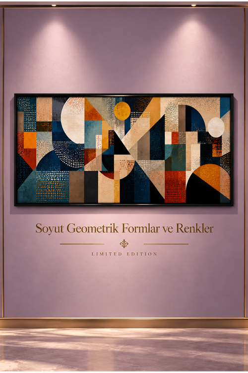 Soyut Geometrik Formlar ve Renkler – Modern Soyut Tasarım Temalı Çerçeveli Tablo | Büyük Boy Kanvas (2:1)