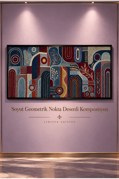 Soyut Geometrik Nokta Desenli Kompozisyon – Modern Çerçeveli Tablo | Büyük Boy Kanvas (2:1)
