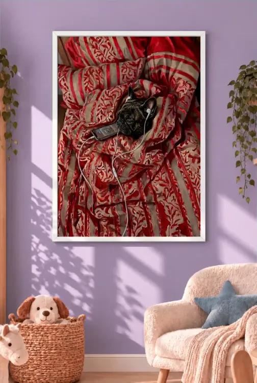 Kulaklıklı French Bulldog Köpek – Müzik Temalı Çerçeveli Kanvas Tablo | 3:4