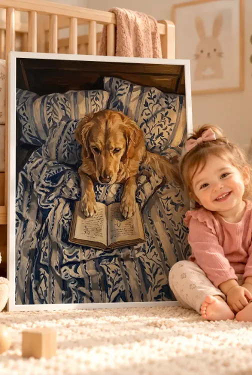 Kitap Okuyan Golden Retriever – Köpek Temalı Çerçeveli Kanvas Tablo | 3:4