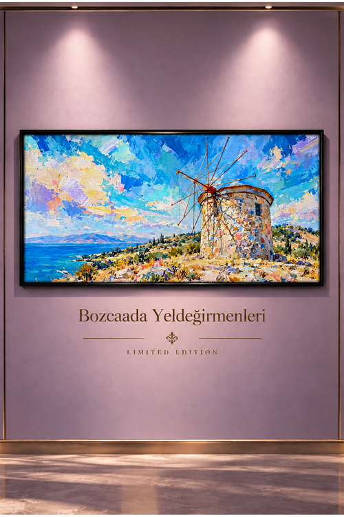Bozcaada Yel Değirmenleri – Empresyonist Deniz ve Doğa Temalı Çerçeveli Tablo | Büyük Boy Kanvas (2:1)