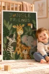 Jungle Friends Safari Hayvanları – Bebek Odası Temalı Çerçeveli Tablo | 3:4 Kanvas